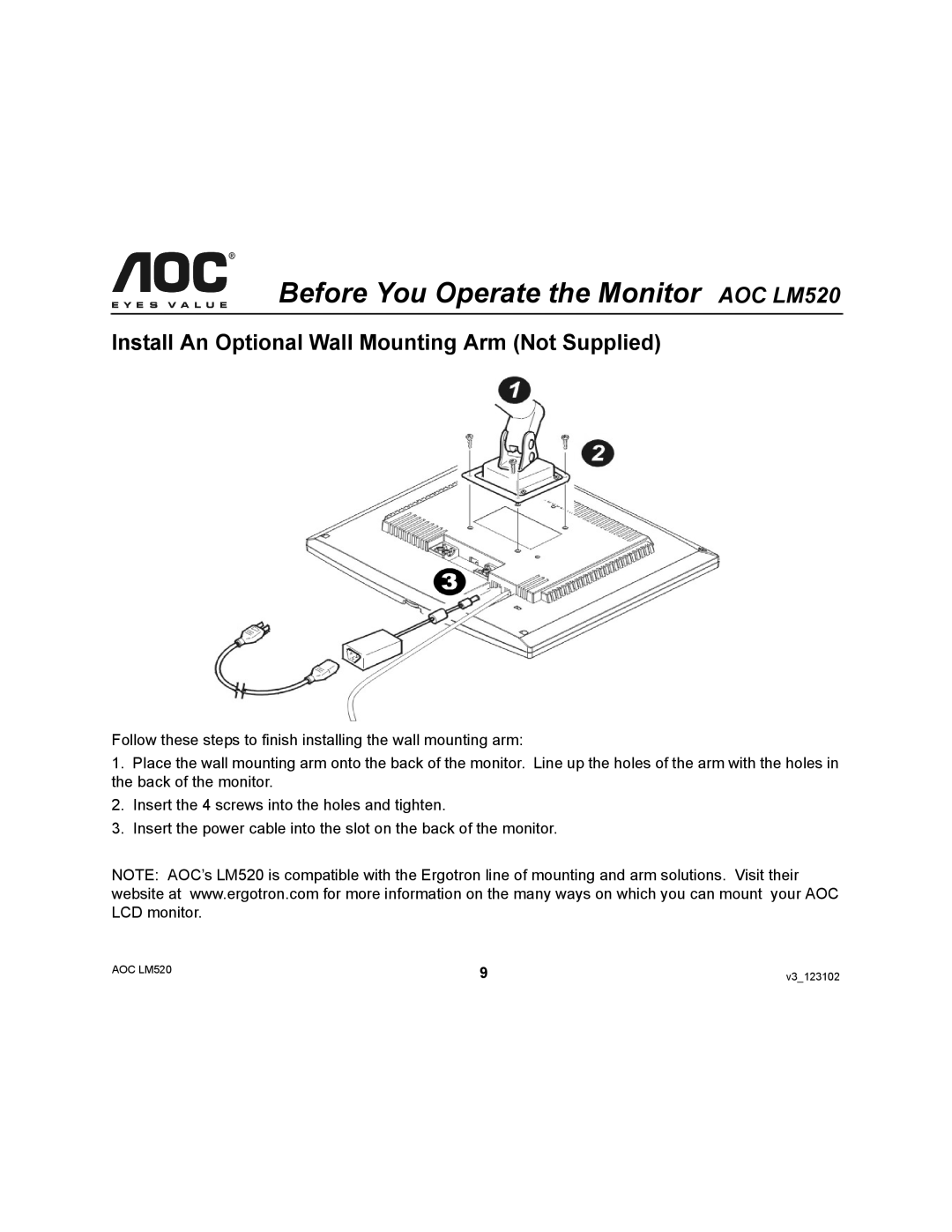 Ergotron AOC LM520 user manual Install An Optional Wall Mounting Arm Not Supplied 