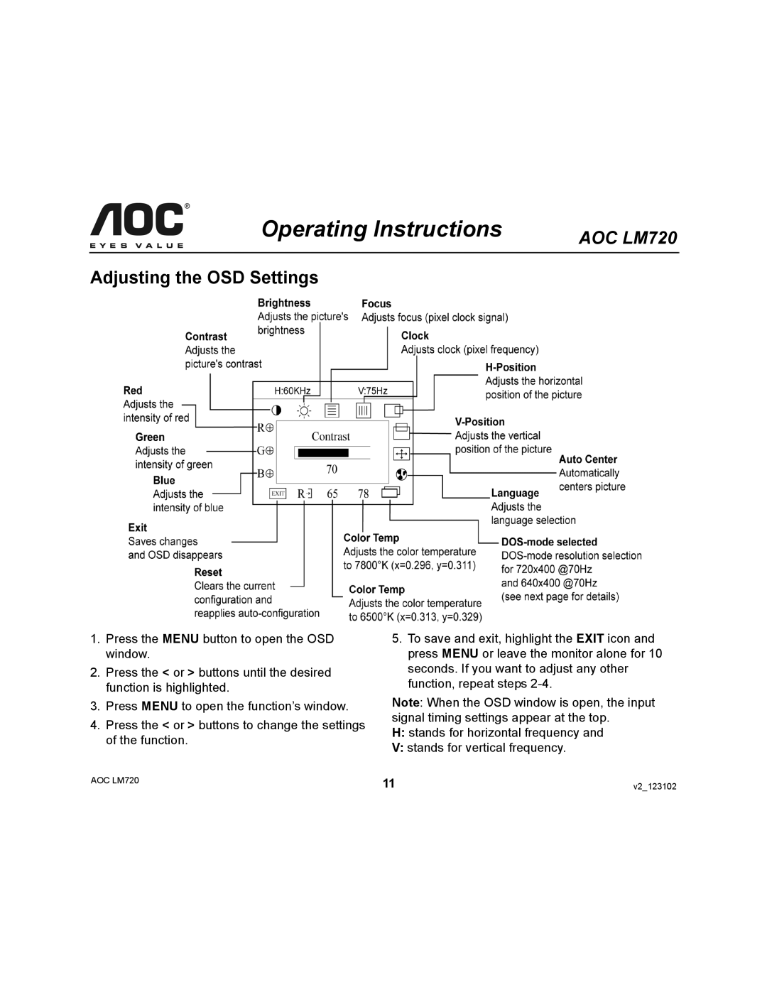 Ergotron AOC LM720 user manual Adjusting the OSD Settings 