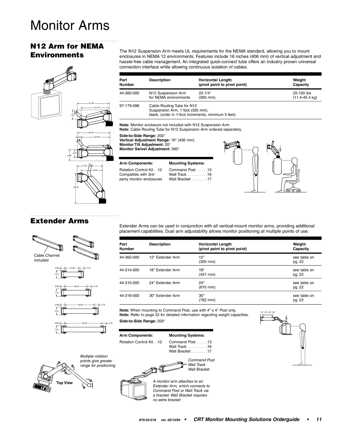 Ergotron CRT Monitor manual N12 Arm for Nema Environments, Extender Arms, Top View 