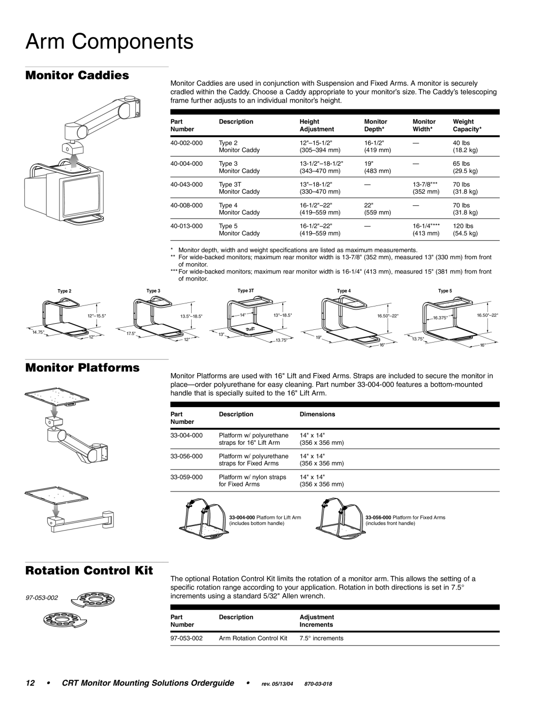 Ergotron CRT Monitor manual Arm Components, Monitor Caddies, Monitor Platforms, Rotation Control Kit 