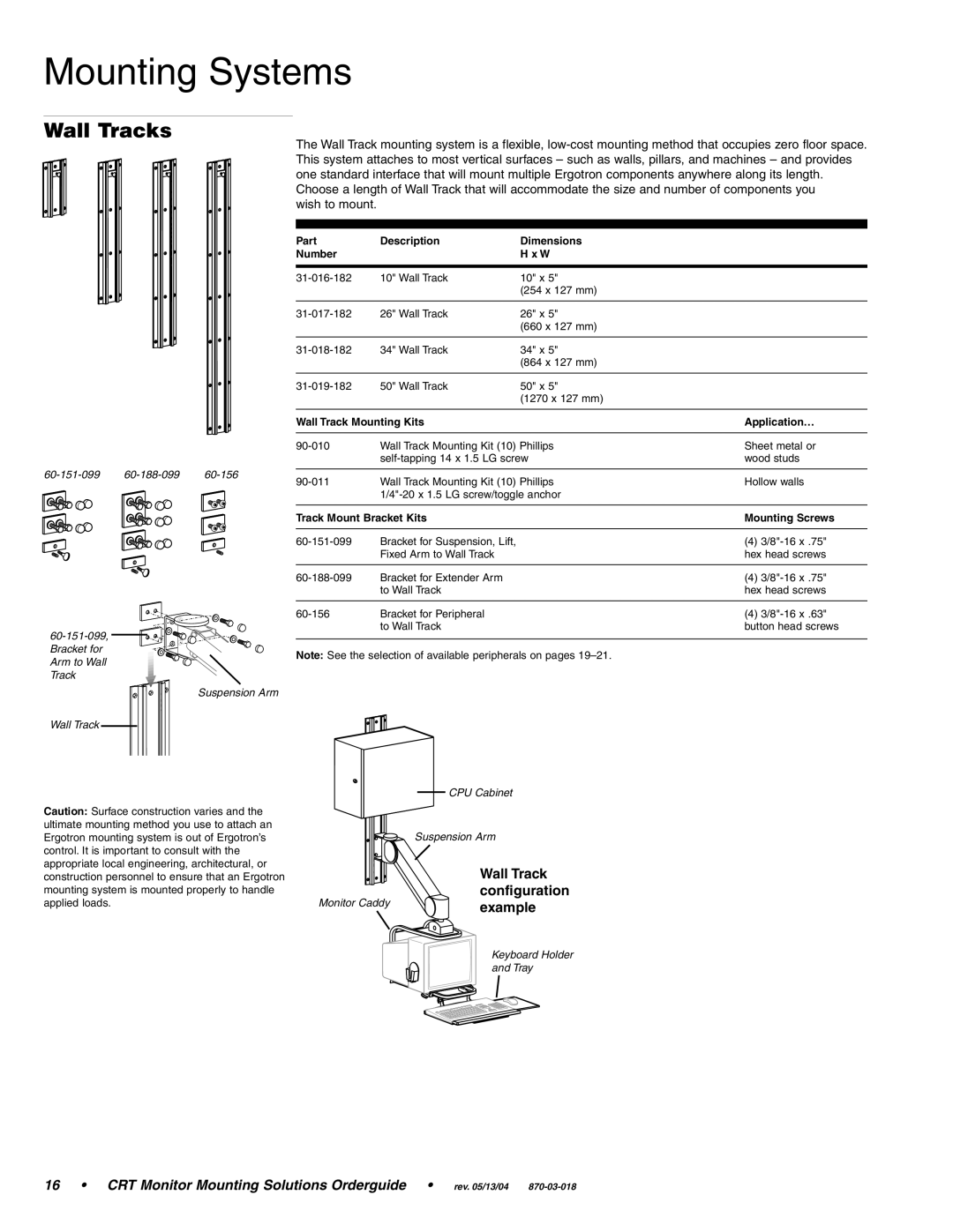 Ergotron CRT Monitor manual Wall Tracks, Wall Track Mounting Kits Application…, Track Mount Bracket Kits Mounting Screws 