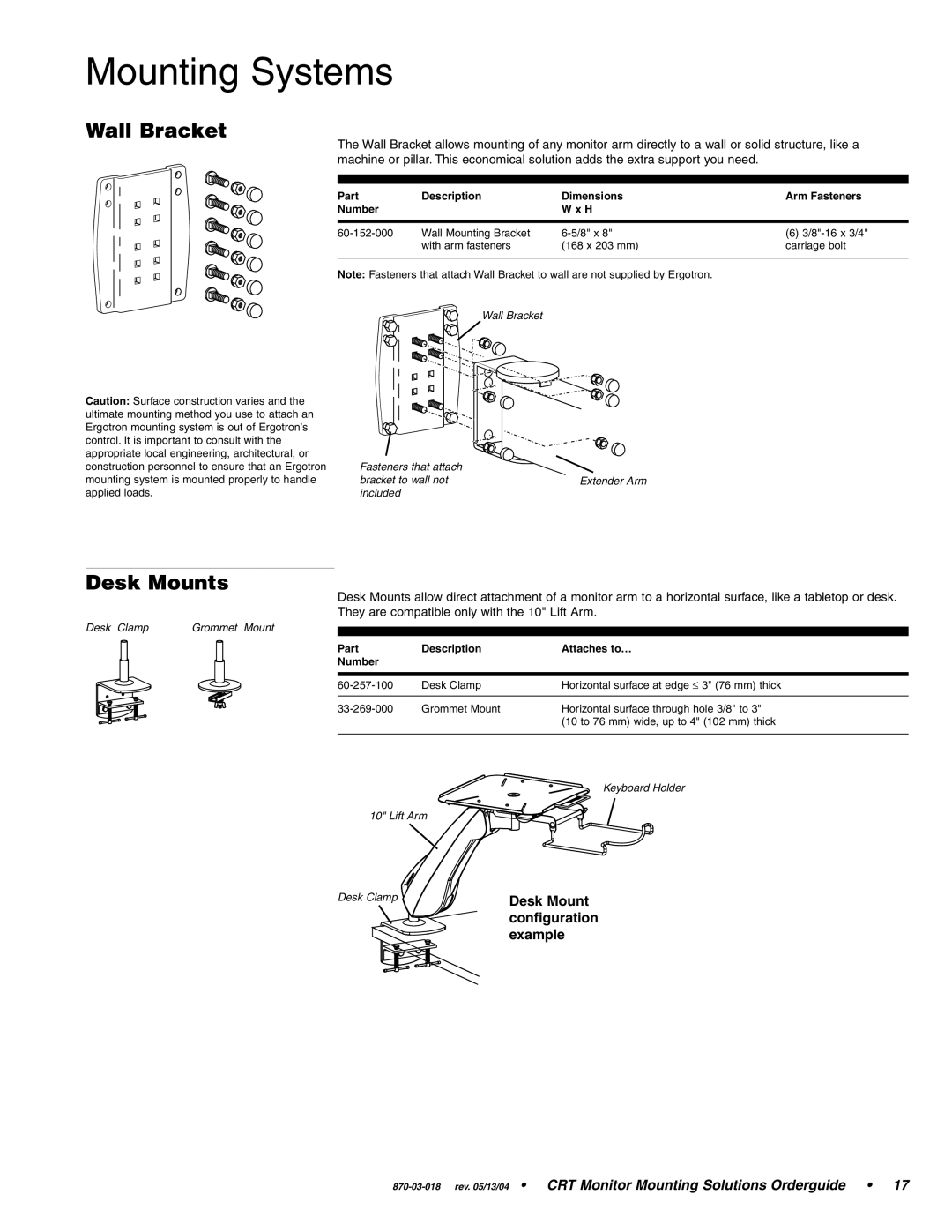 Ergotron CRT Monitor manual Wall Bracket, Desk Mounts, Part Description Dimensions Arm Fasteners Number 