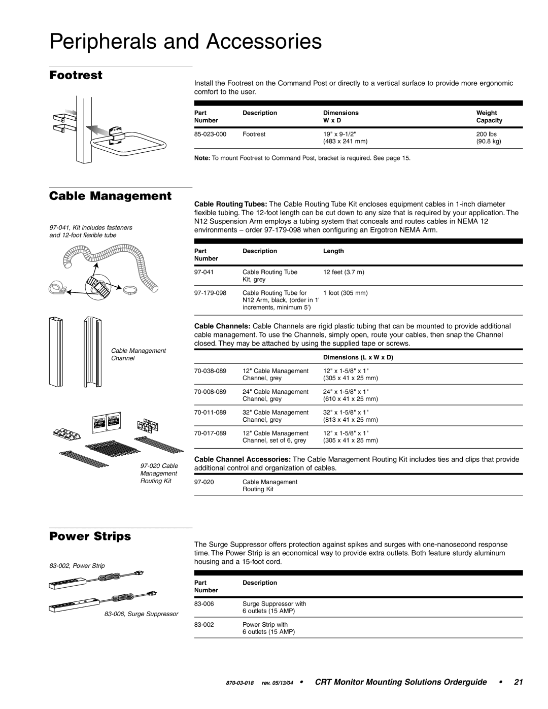 Ergotron CRT Monitor manual Footrest, Cable Management, Power Strips 