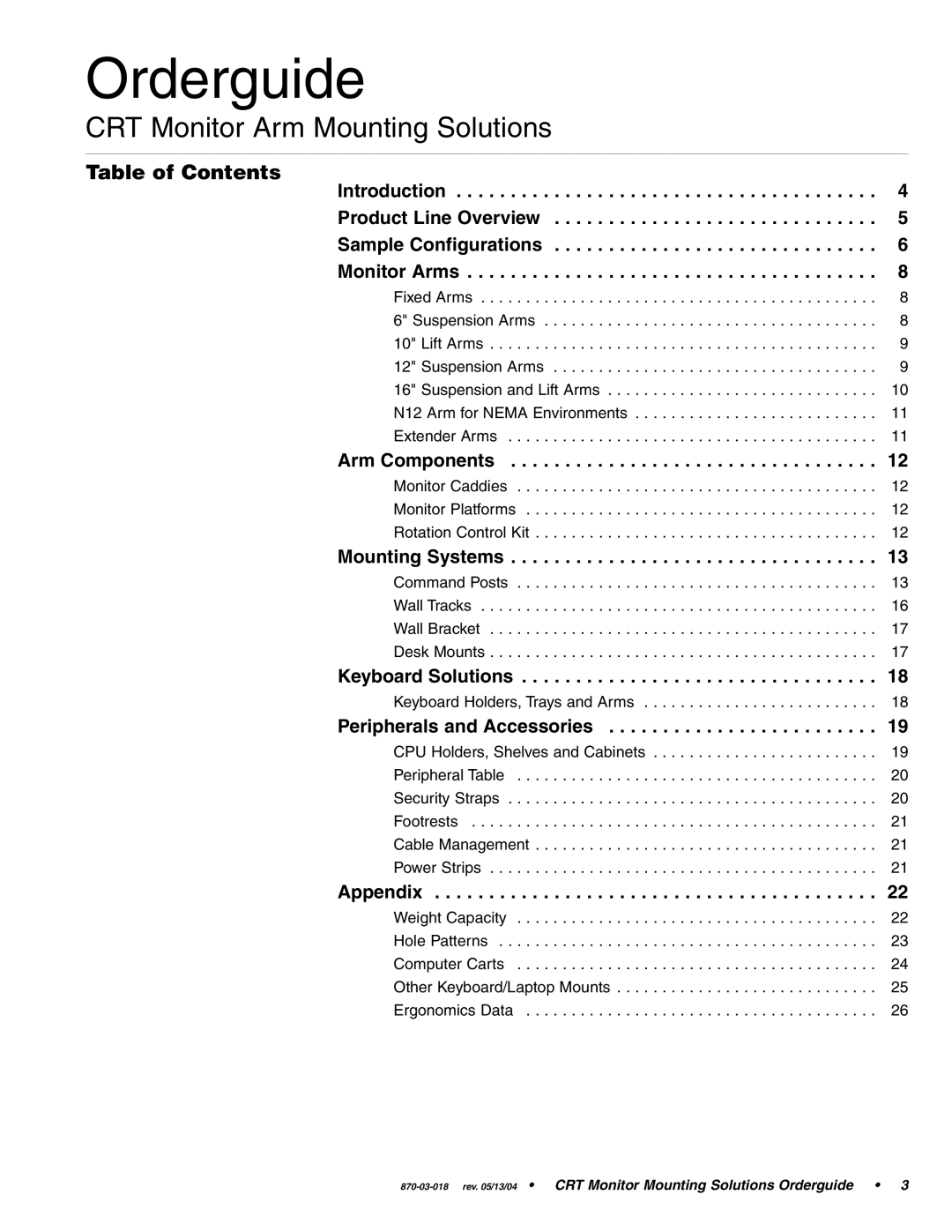 Ergotron CRT Monitor manual Orderguide, Table of Contents 