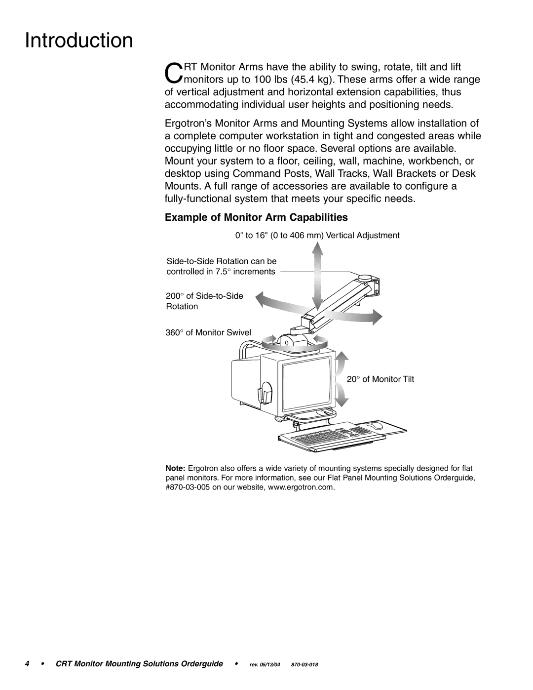 Ergotron CRT Monitor manual Introduction, Example of Monitor Arm Capabilities 