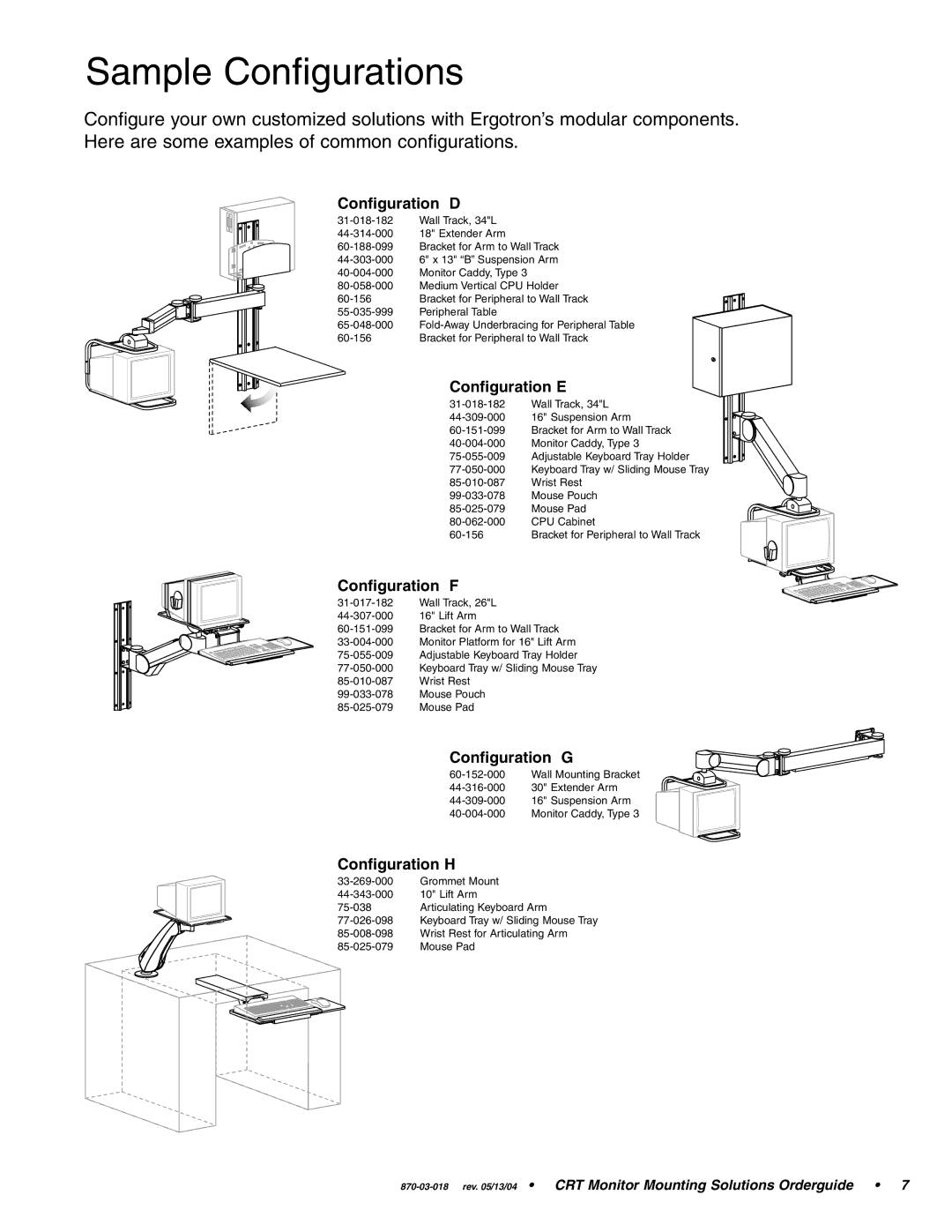 Ergotron CRT Monitor manual Configuration D, Configuration E, Configuration F, Configuration G, Configuration H 