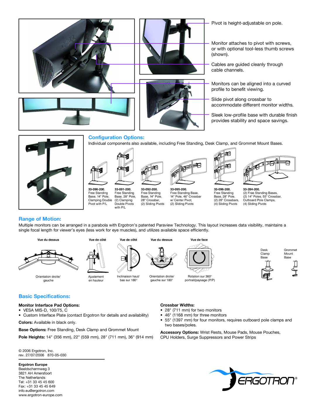 Ergotron DS100 Series warranty Configuration Options, Range of Motion, Basic Specifications, Monitor Interface Pad Options 