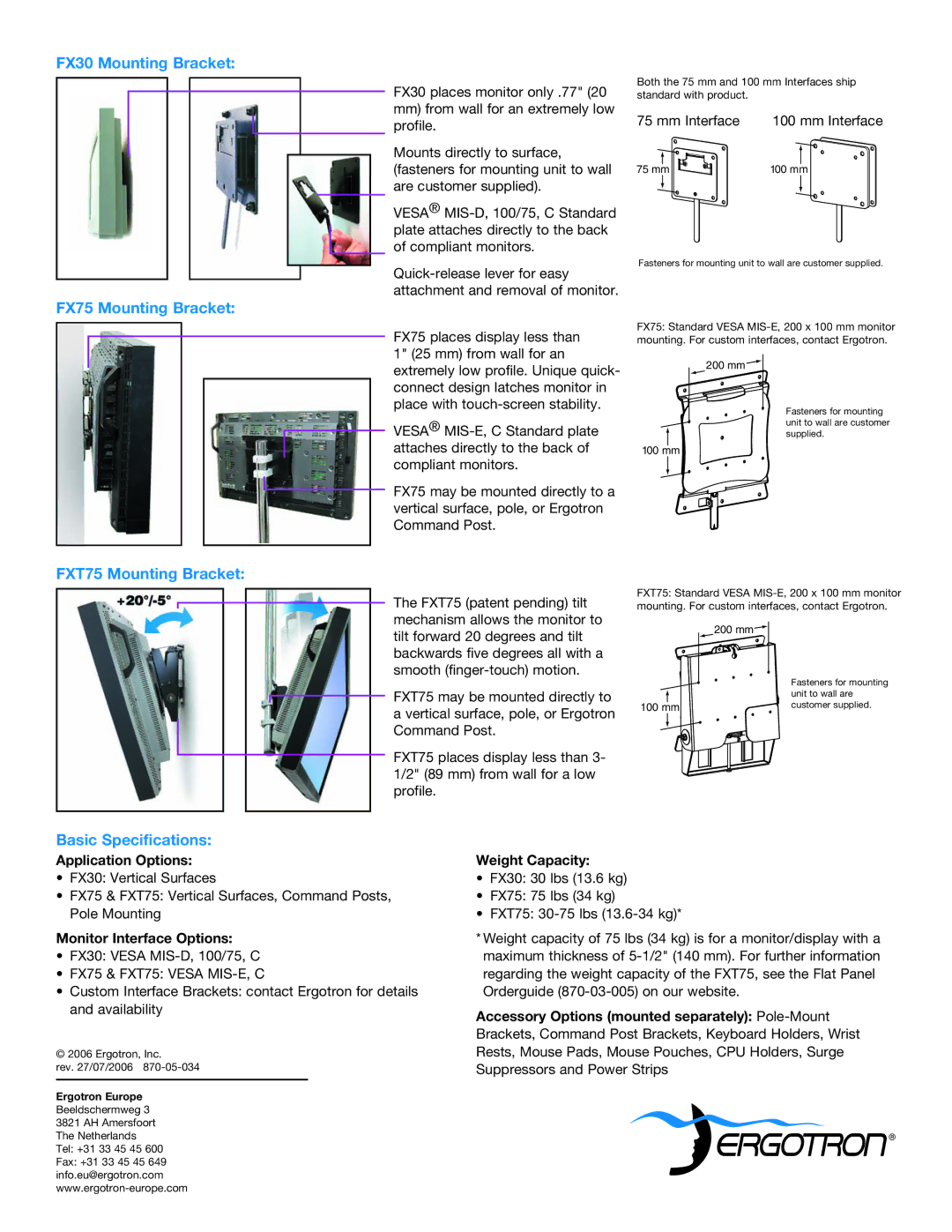 Ergotron warranty FX30 Mounting Bracket, FX75 Mounting Bracket, FXT75 Mounting Bracket, Basic Specifications 