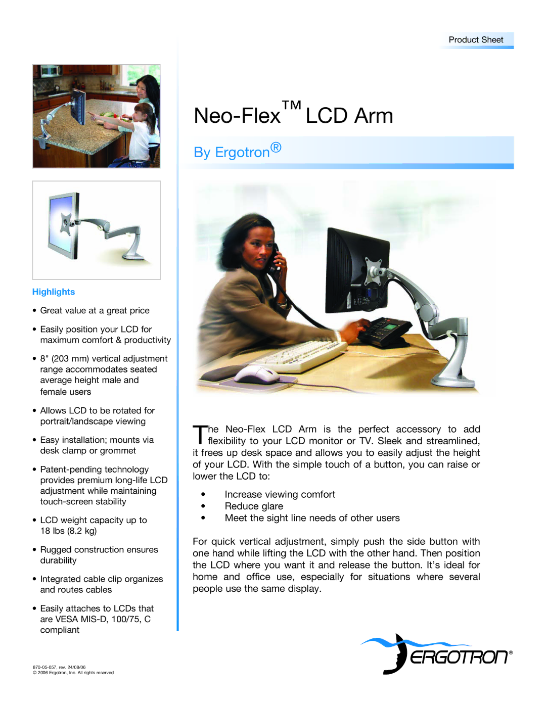 Ergotron manual Neo-FlexLCD Arm, By Ergotron, Highlights 