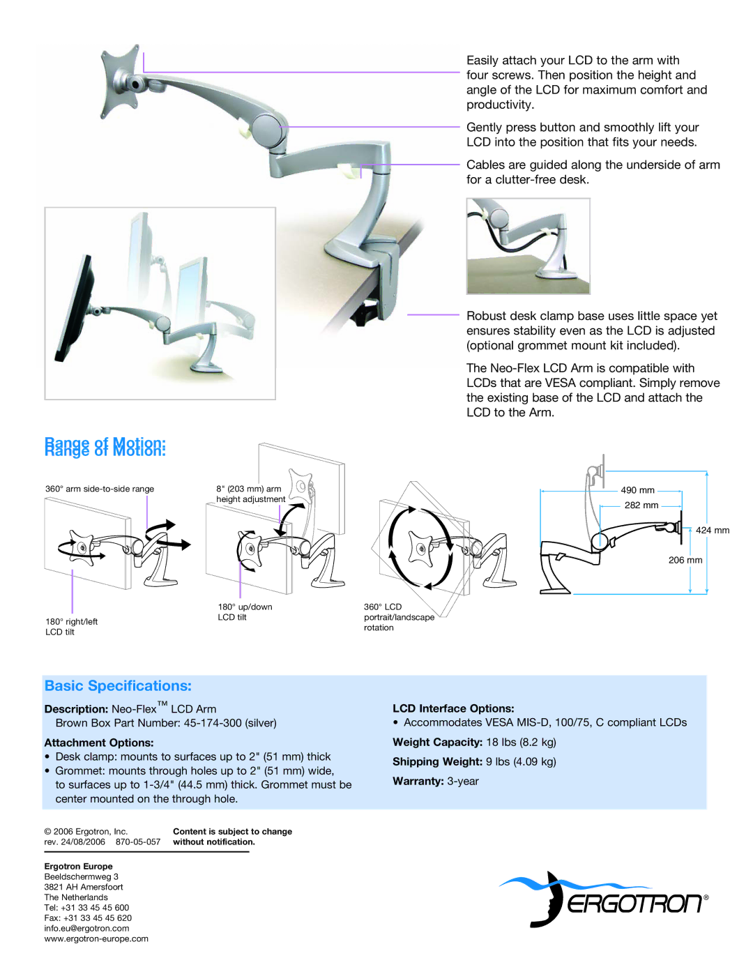 Ergotron LCD Arm manual Range of Motion, Basic Specifications, Attachment Options, LCD Interface Options 