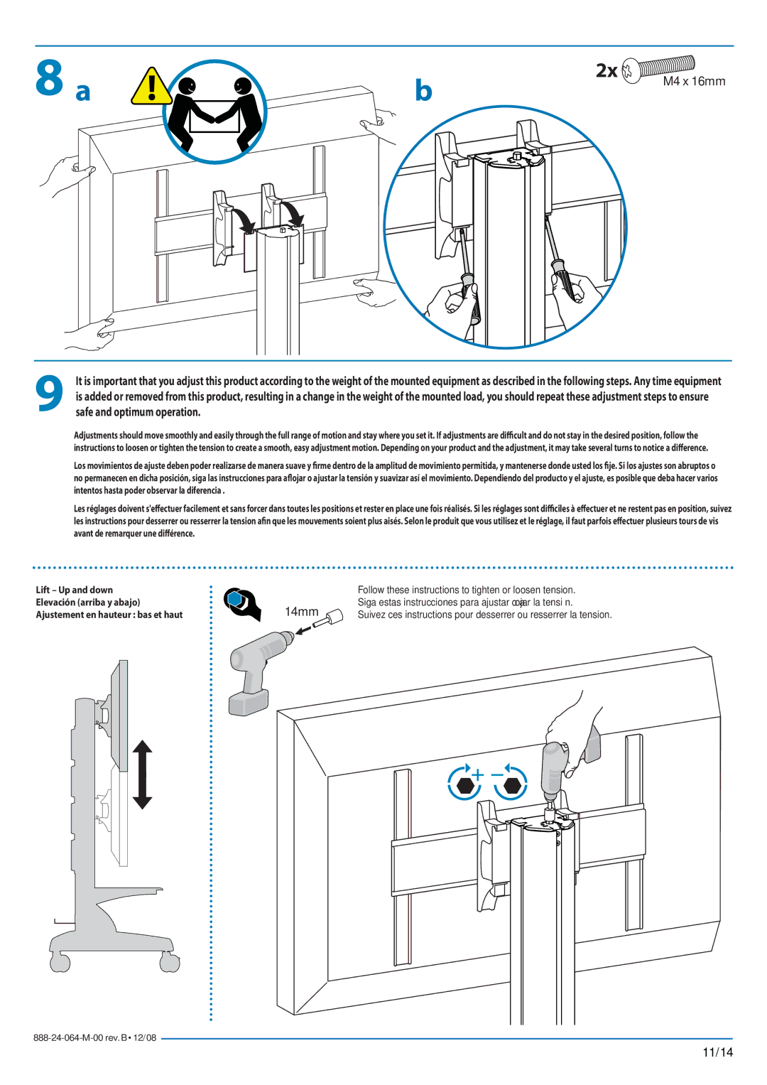 Ergotron Mobile MediaCenter VHD manual Lift Up and down, Elevación arriba y abajo, Ajustement en hauteur bas et haut 