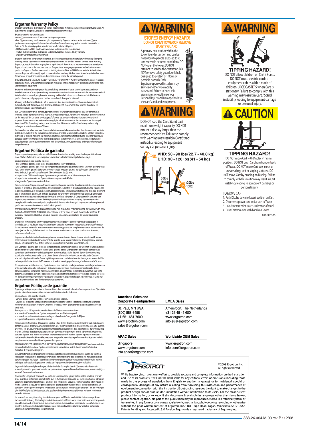 Ergotron Mobile MediaCenter UHD, Mobile MediaCenter VHD manual Stored Energy Hazard 