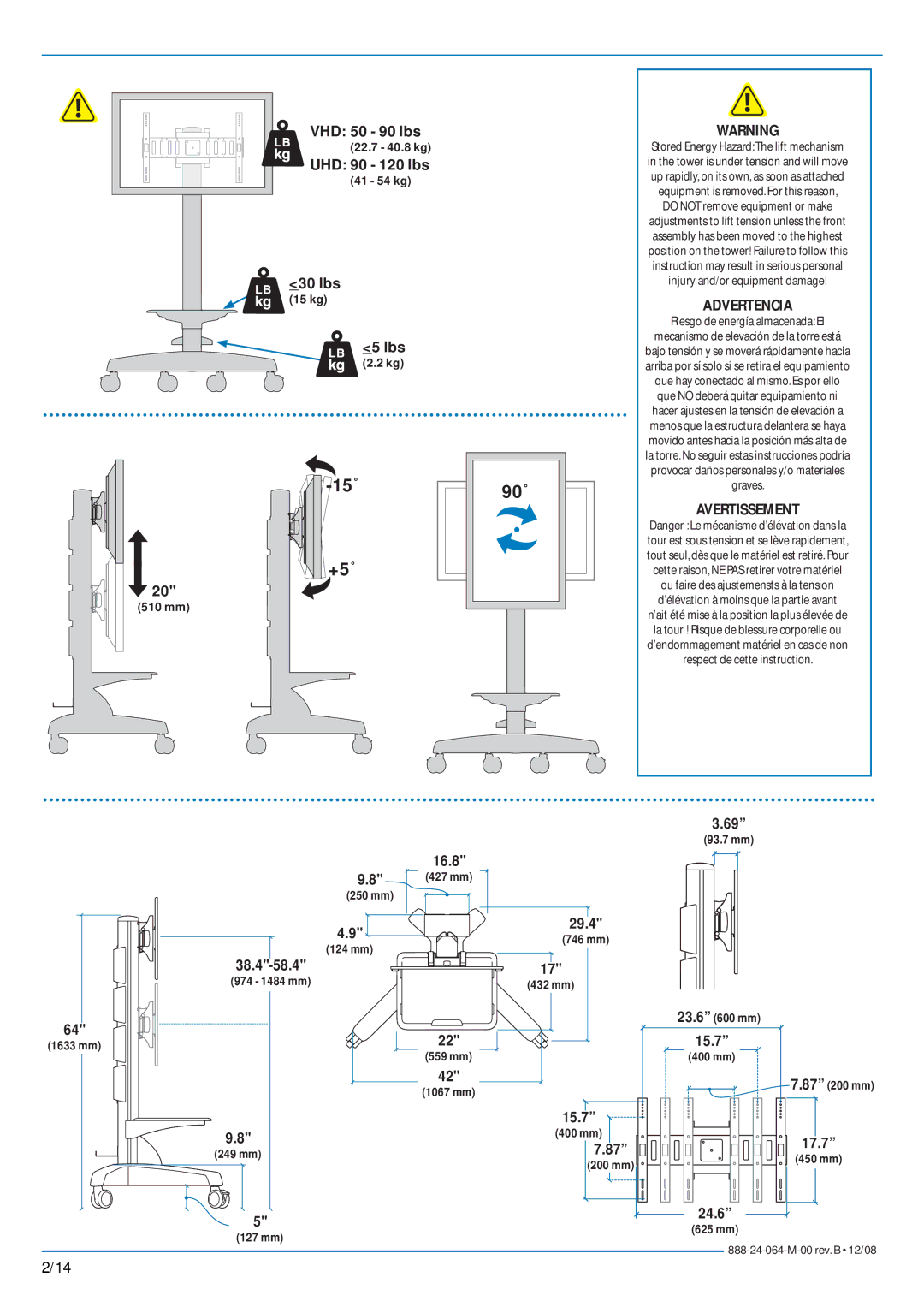 Ergotron Mobile MediaCenter UHD manual VHD 50 90 lbs, UHD 90 120 lbs, 30 lbs, Lbs, 38.4-58.4, 16.8, 29.4, 15.7, 24.6, 17.7 