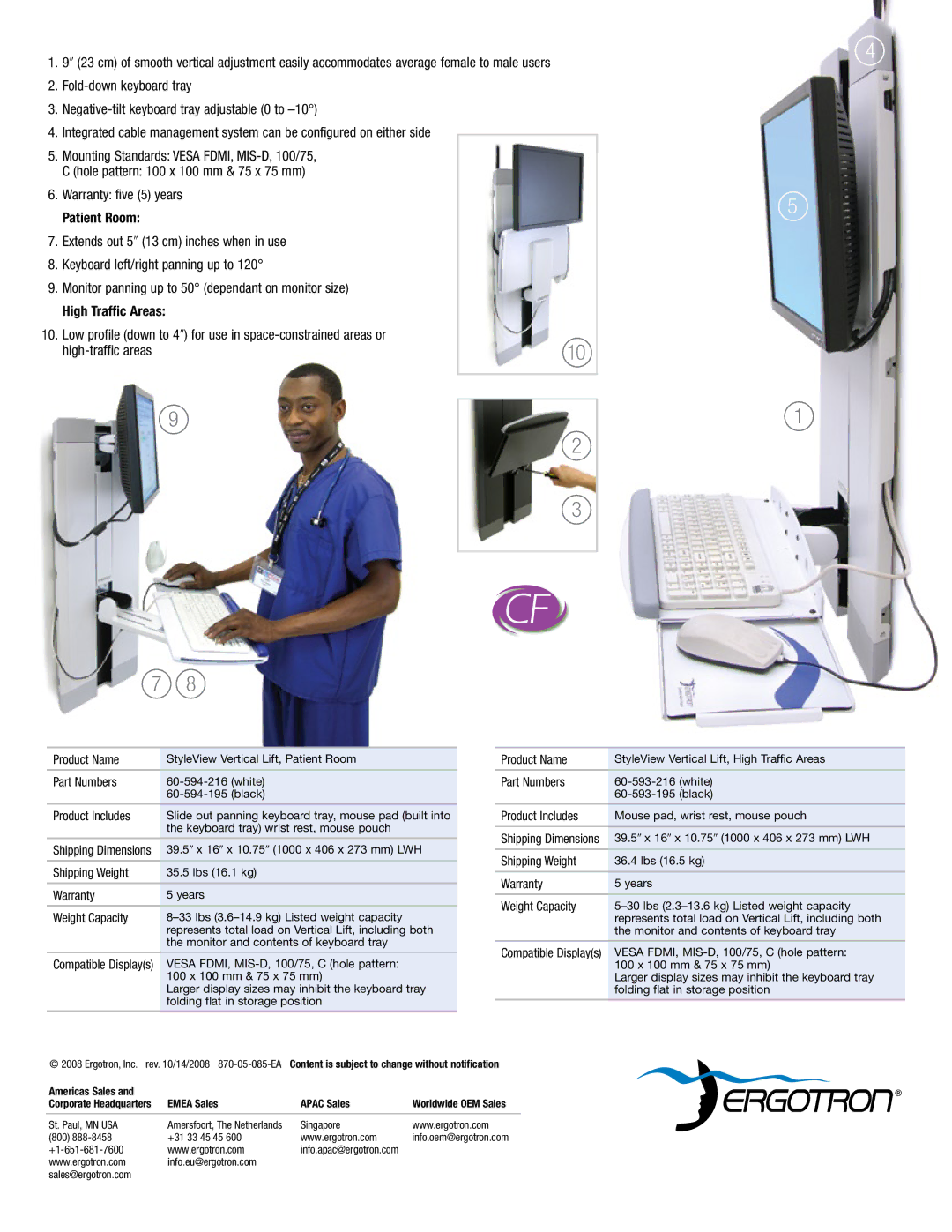 Ergotron Vertical Lift LCD Monitor manual Product Name, Part Numbers, Product Includes, Shipping Weight, Warranty 