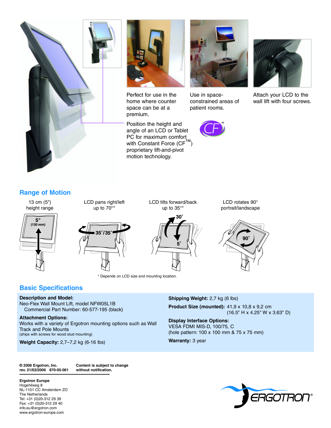 Ergotron Wall Mount Lift Range of Motion, Basic Specifications, Description and Model, Attachment Options, Warranty 3 year 