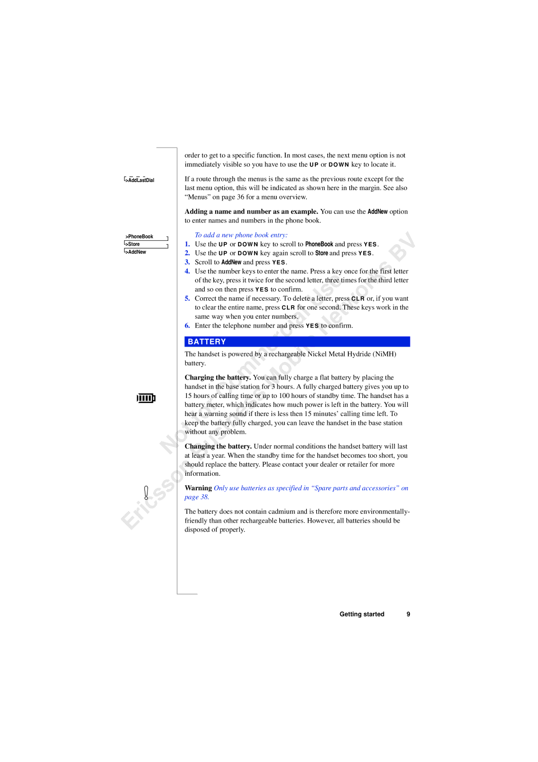 Ericsson 230i manual To add a new phone book entry, Battery 