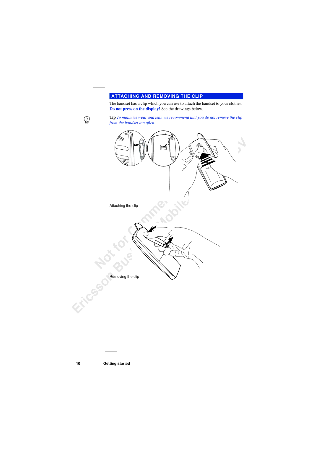 Ericsson 230i manual Attaching and Removing the Clip 