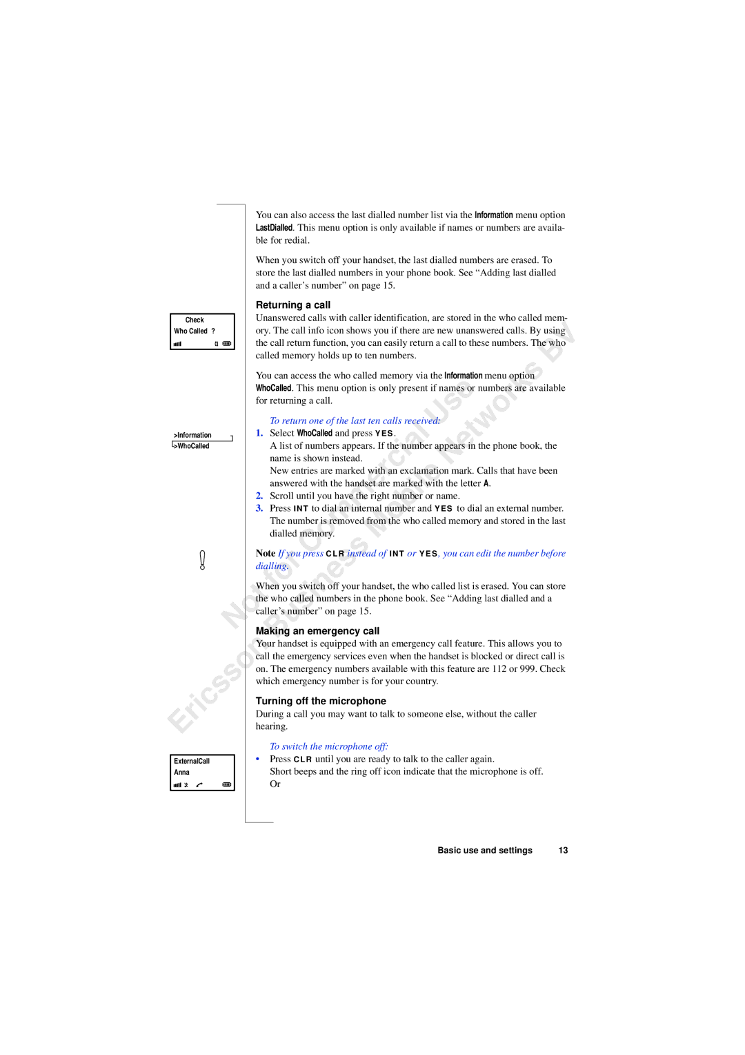 Ericsson 230i manual Returning a call, Making an emergency call, Turning off the microphone 