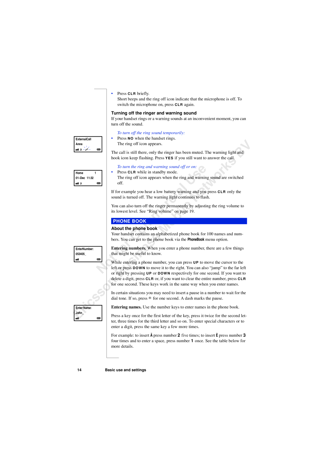 Ericsson 230i manual Turning off the ringer and warning sound, To turn off the ring sound temporarily, Phone Book 