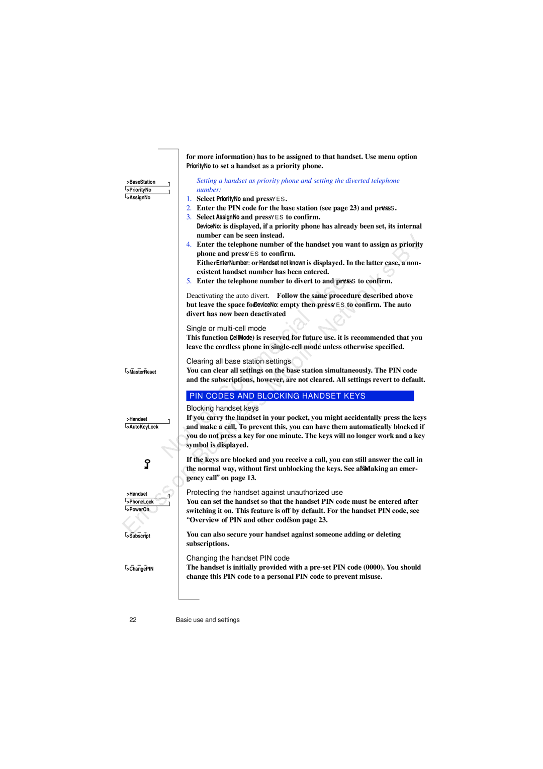 Ericsson 230i manual Single or multi-cell mode, PIN Codes and Blocking Handset Keys, Changing the handset PIN code 