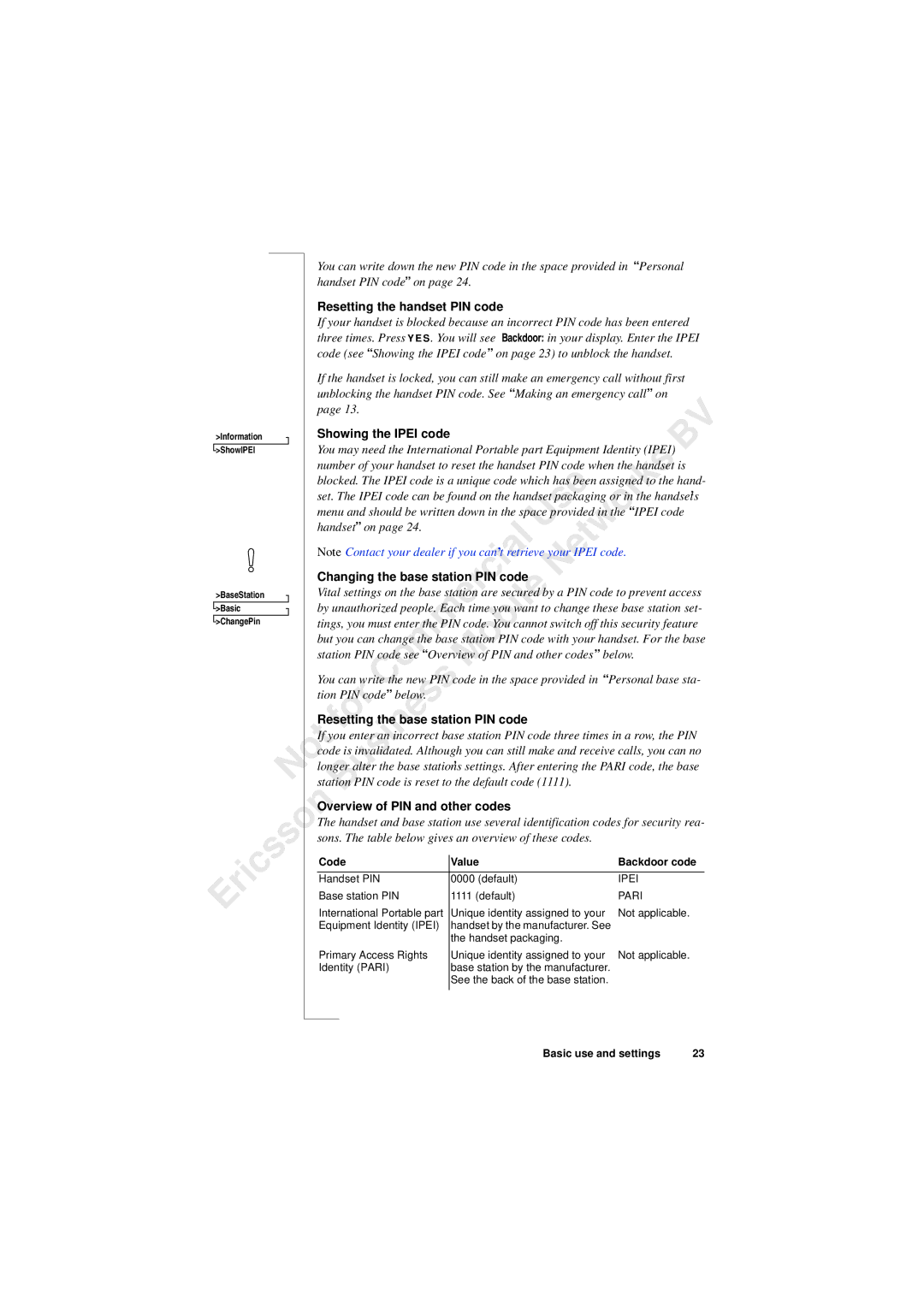 Ericsson 230i manual Resetting the handset PIN code 