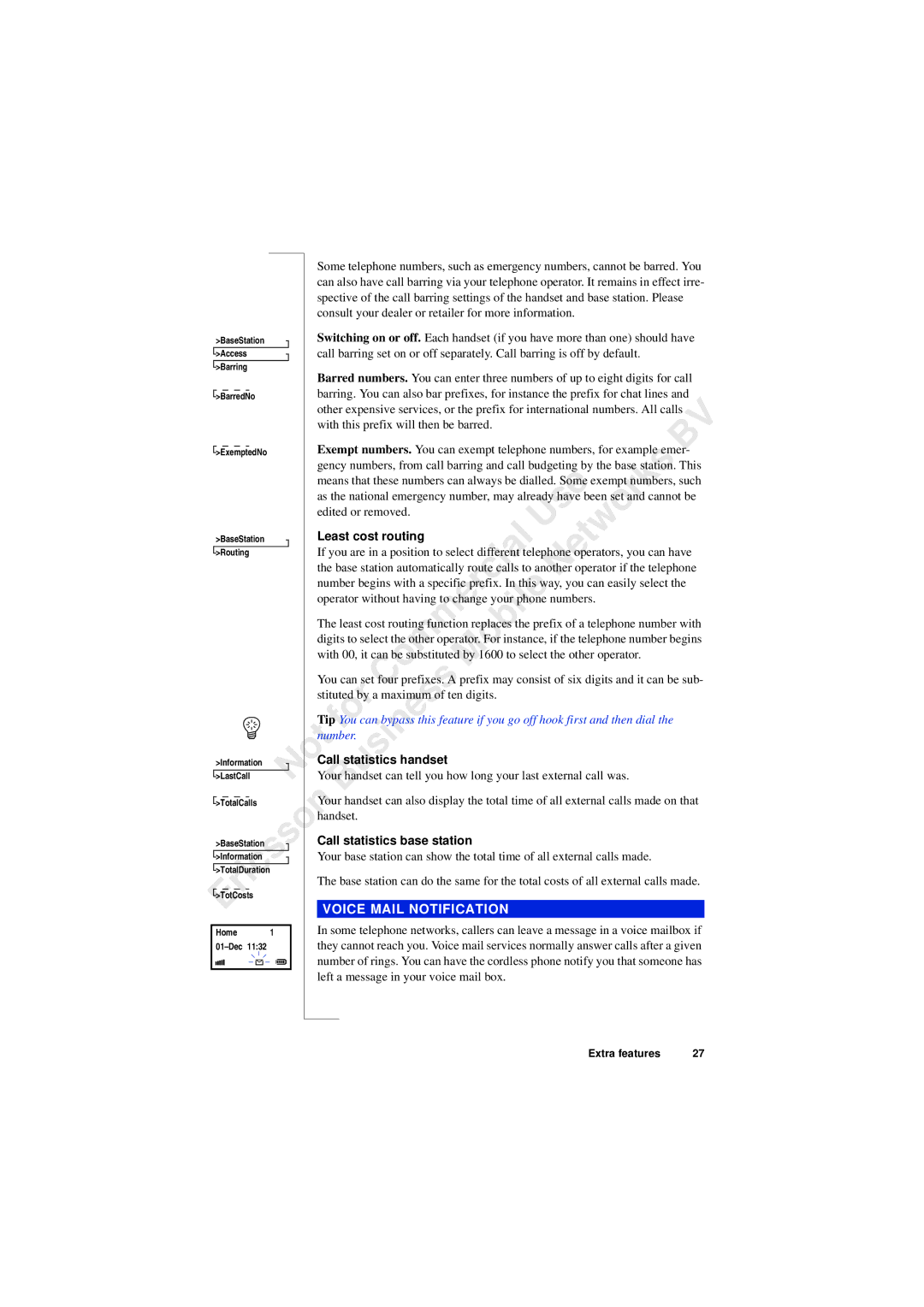 Ericsson 230i manual Least cost routing, Handset, Call statistics base station, Voice Mail Notification 