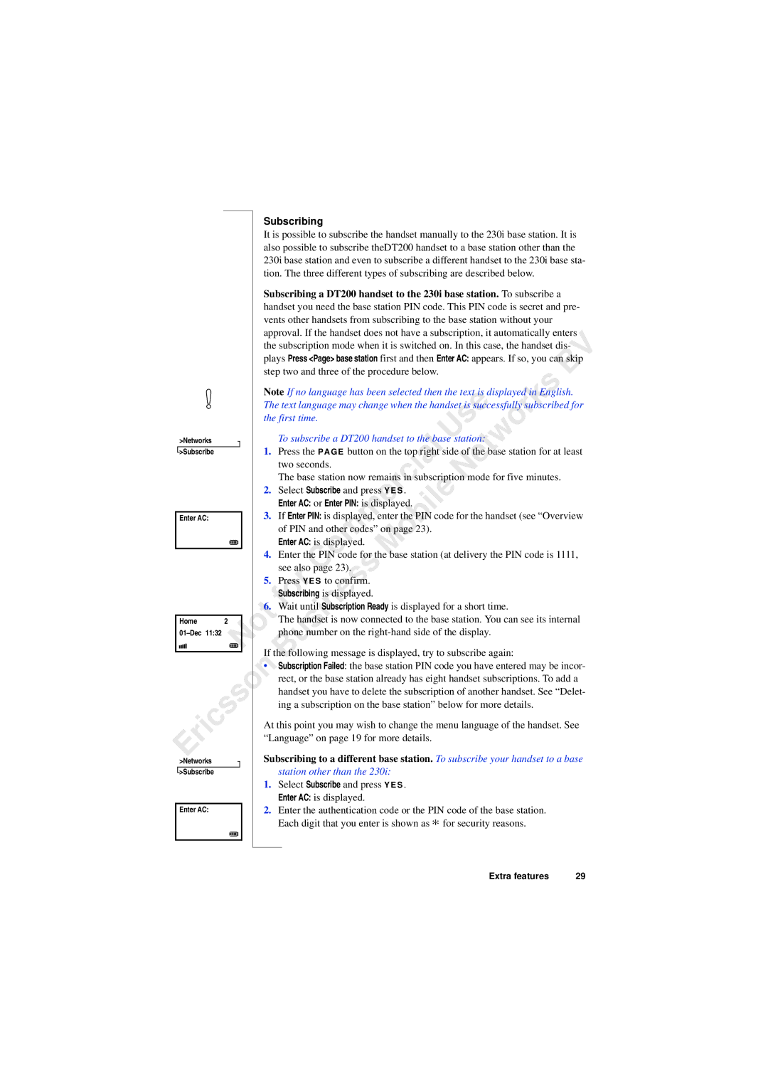 Ericsson 230i manual Subscribing, First time, To subscribe a DT200 handset to the base station, Station other than 