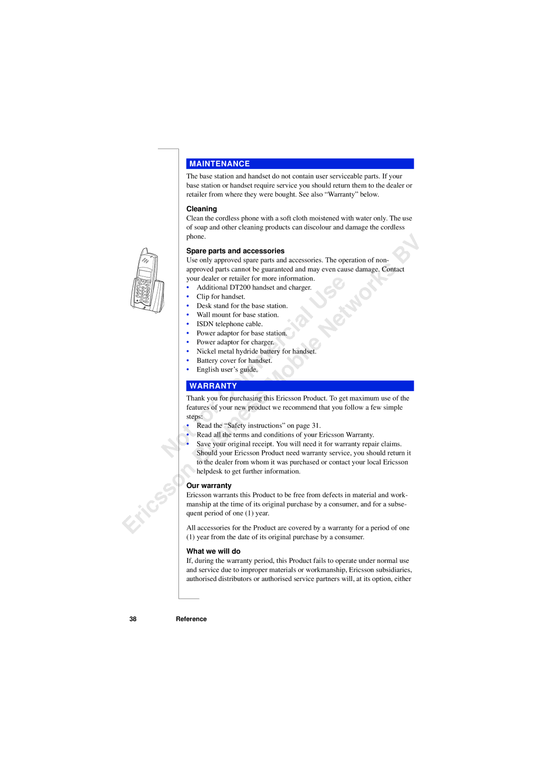 Ericsson 230i manual Maintenance, Cleaning, Our warranty, What we will do 