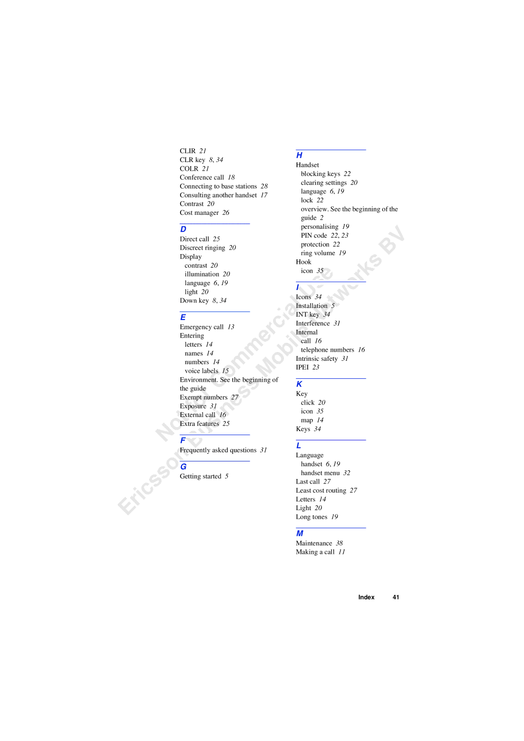 Ericsson 230i CLR key 8 Handset, Language 6, Lock, Cost manager Guide Personalising, Language Light Icons Down key 8, Keys 