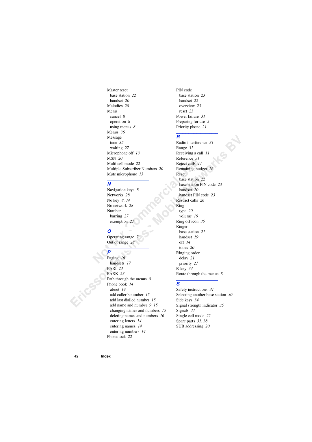 Ericsson 230i Master reset PIN code, Handset Melodies Overview Menu Reset, Preparing for use Using menus, Waiting Range 