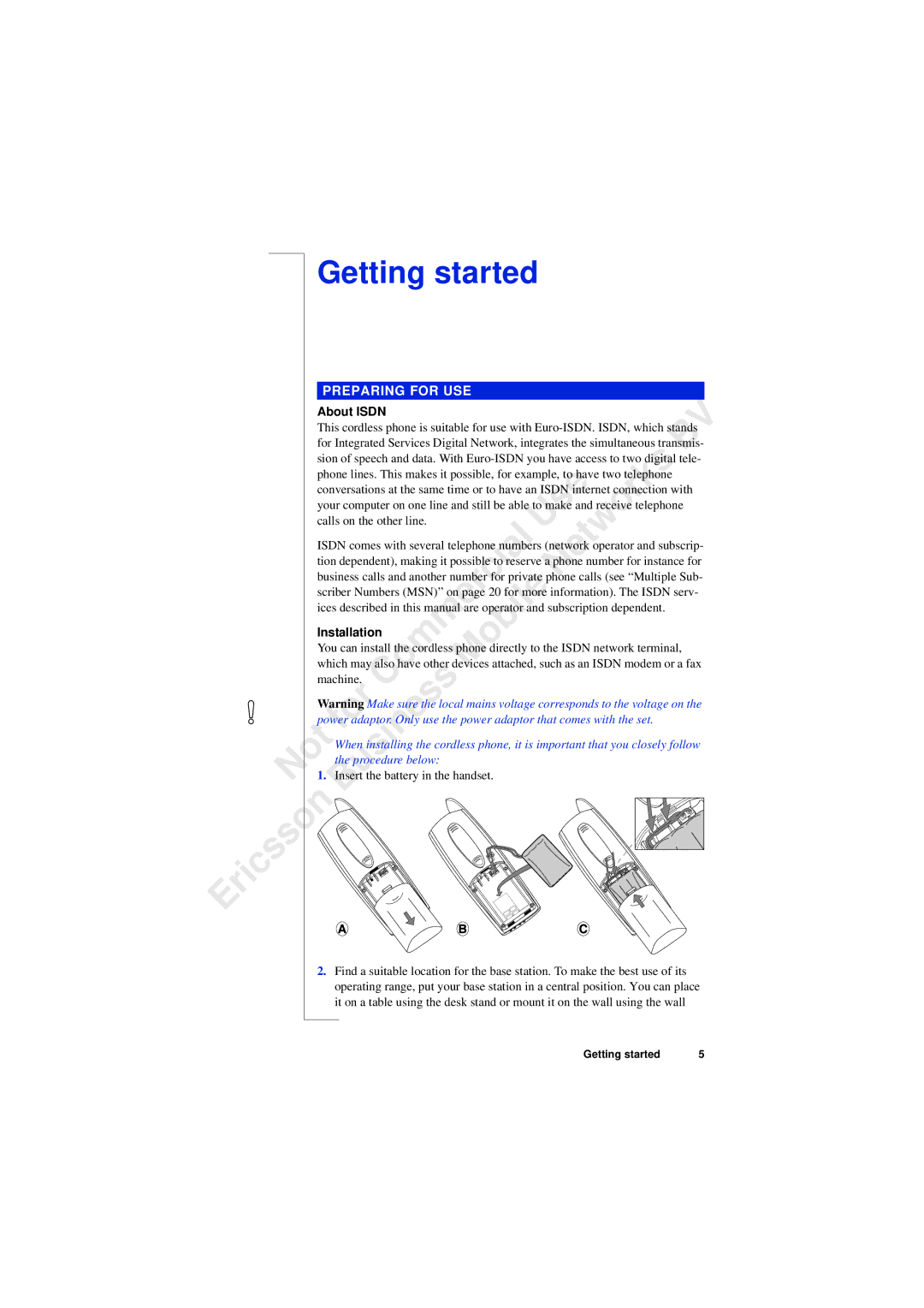 Ericsson 230i manual About Isdn, Calls on the other line, Installation, Machine, Insert the battery in the handset 