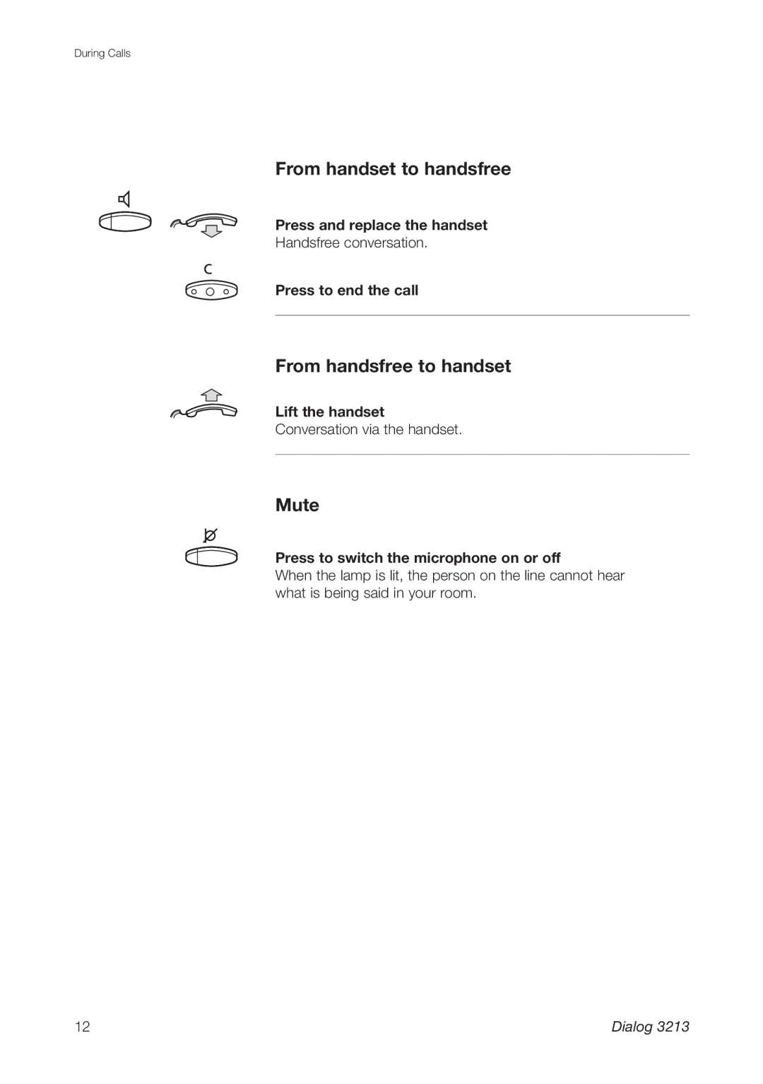 Ericsson 3213 manual From handset to handsfree, From handsfree to handset, Mute, Press and replace the handset 