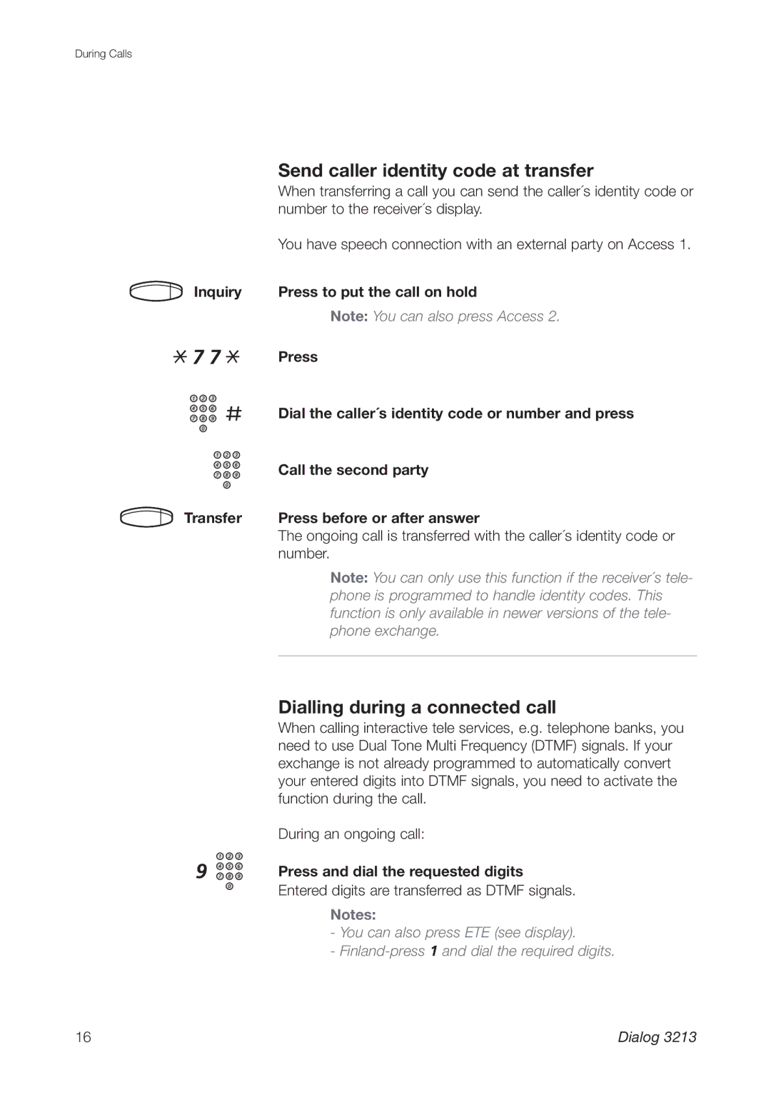 Ericsson 3213 manual Send caller identity code at transfer, Dialling during a connected call, Number 