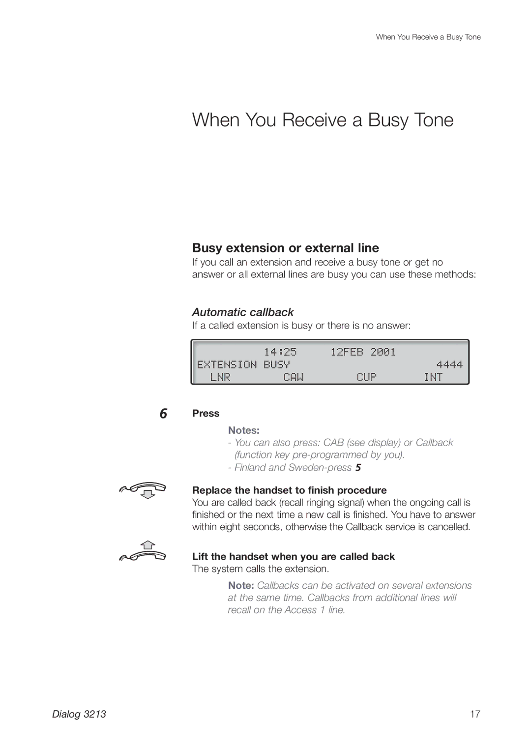 Ericsson 3213 manual When You Receive a Busy Tone, Busy extension or external line, Automatic callback 