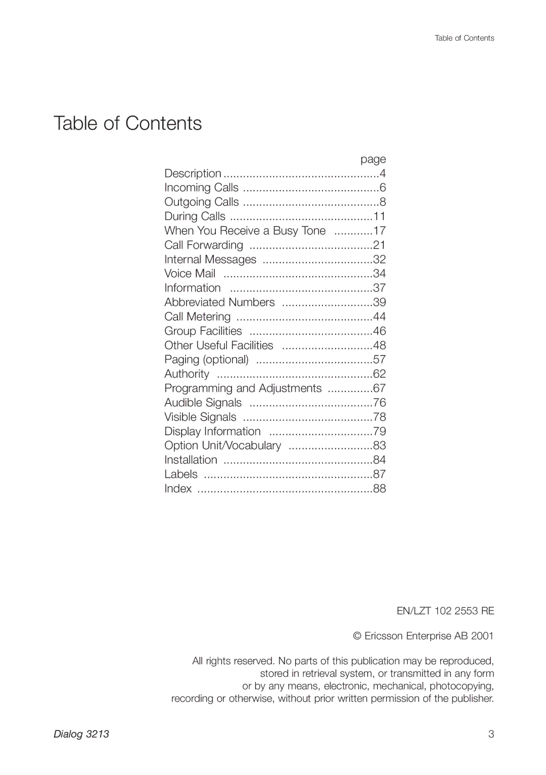 Ericsson 3213 manual Table of Contents 