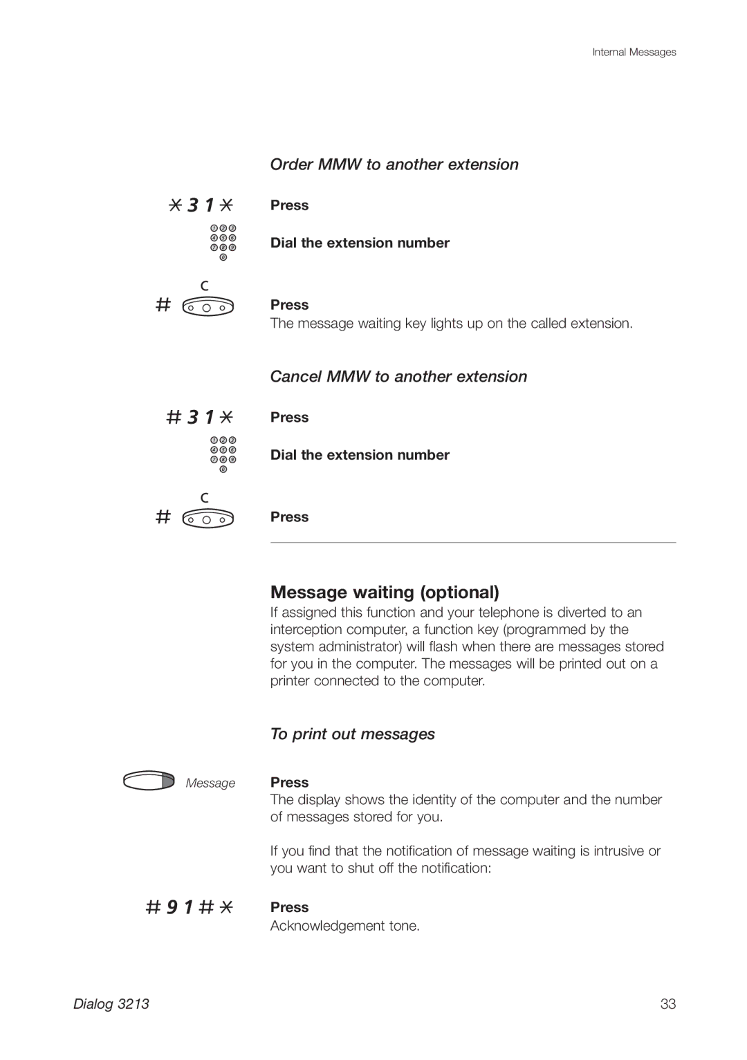 Ericsson 3213 manual # 3, # 9 1 #, Message waiting optional 