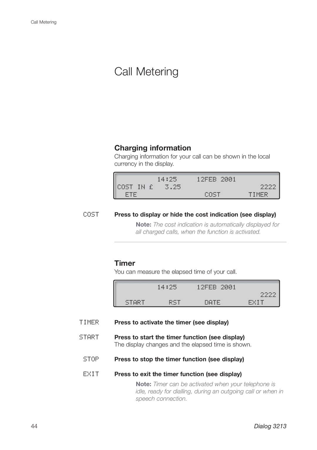 Ericsson 3213 manual Call Metering, Charging information, Timer 