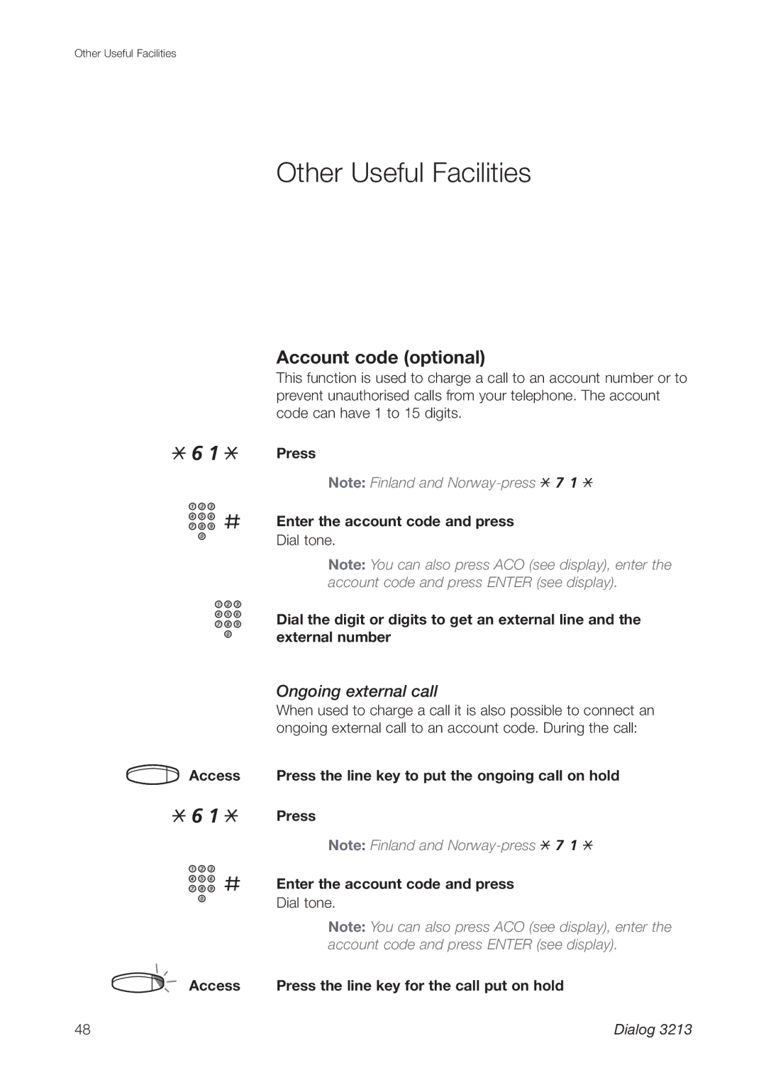 Ericsson 3213 manual Other Useful Facilities, Account code optional, Ongoing external call, Access 