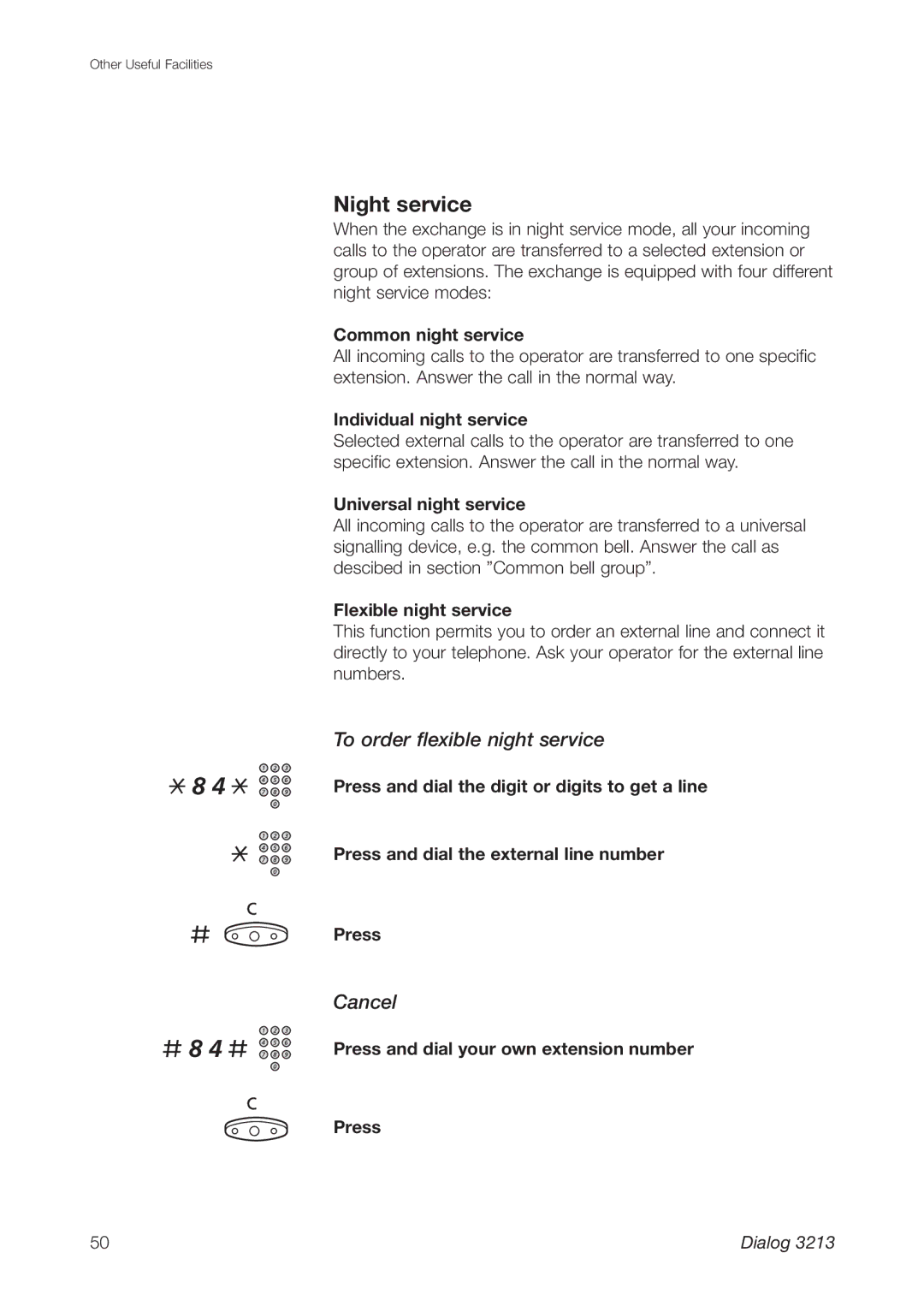 Ericsson 3213 manual # 8 4 #, Night service, To order flexible night service 