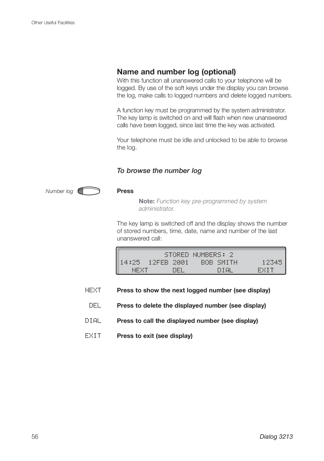 Ericsson 3213 manual Name and number log optional, To browse the number log 