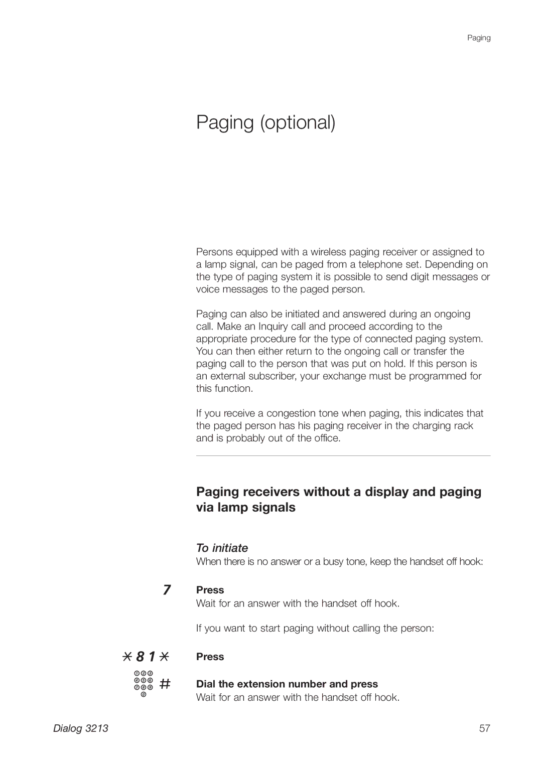 Ericsson 3213 manual Paging optional, To initiate 