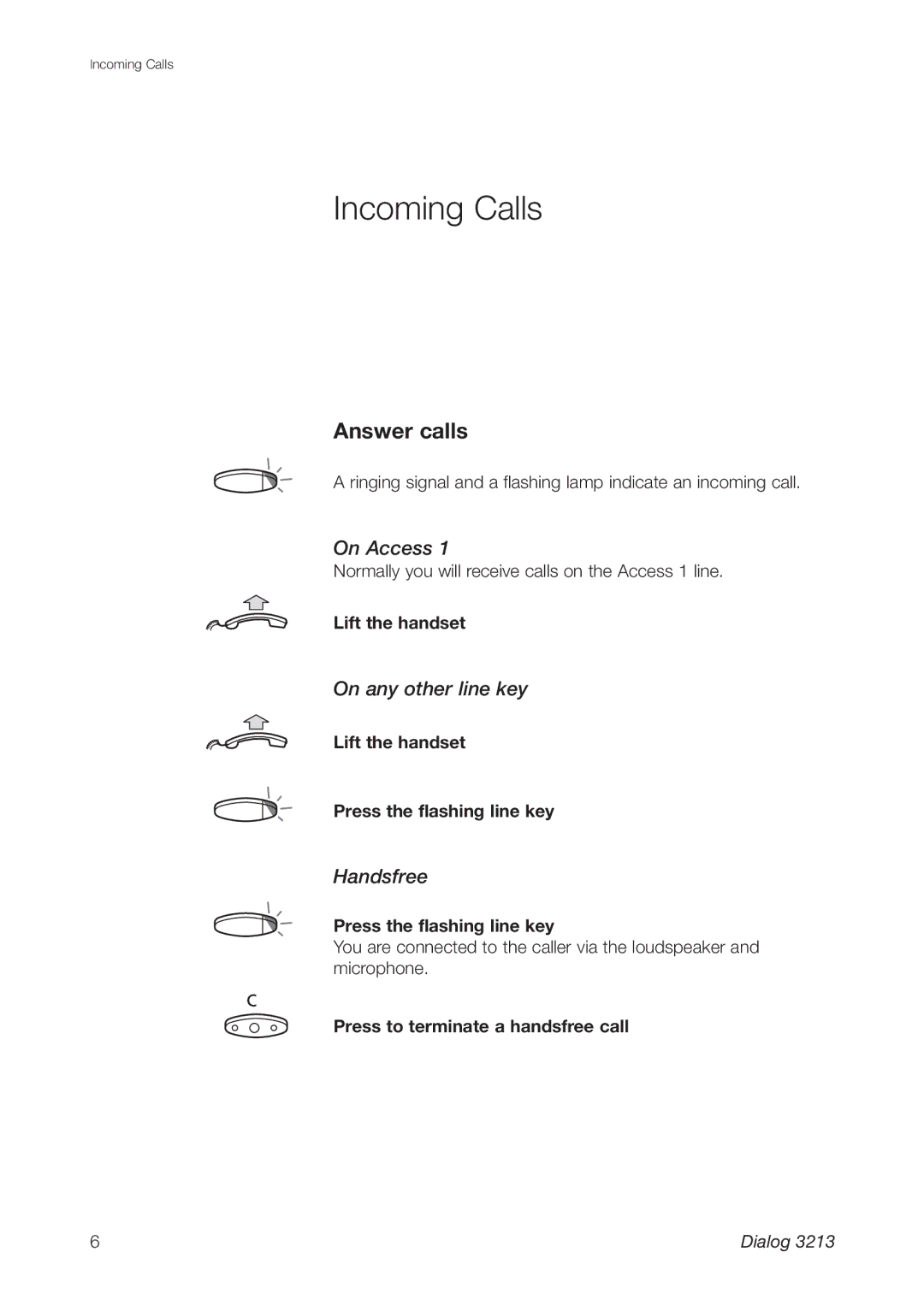 Ericsson 3213 manual Incoming Calls, Answer calls, On Access, On any other line key, Handsfree 