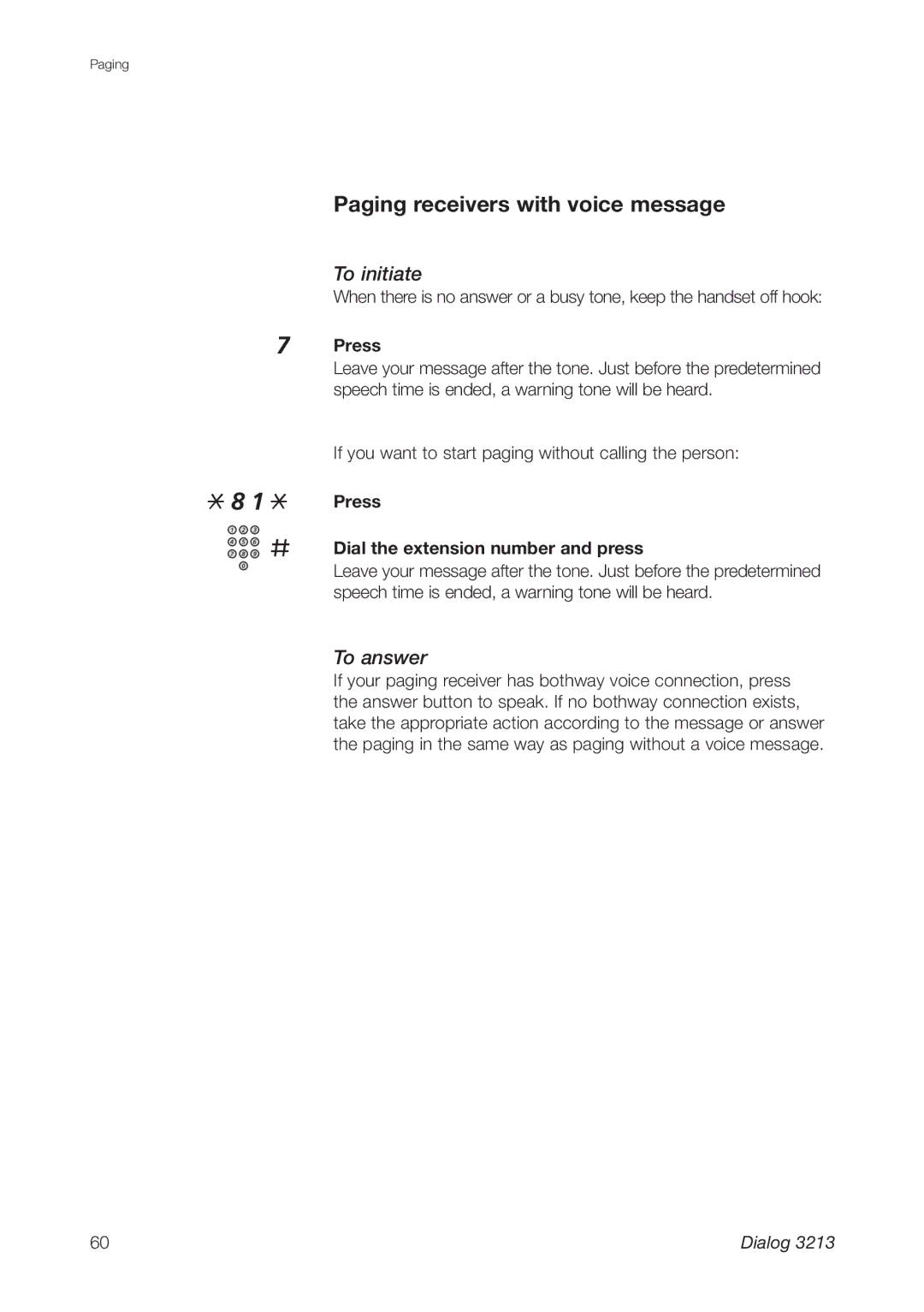 Ericsson 3213 manual Paging receivers with voice message 