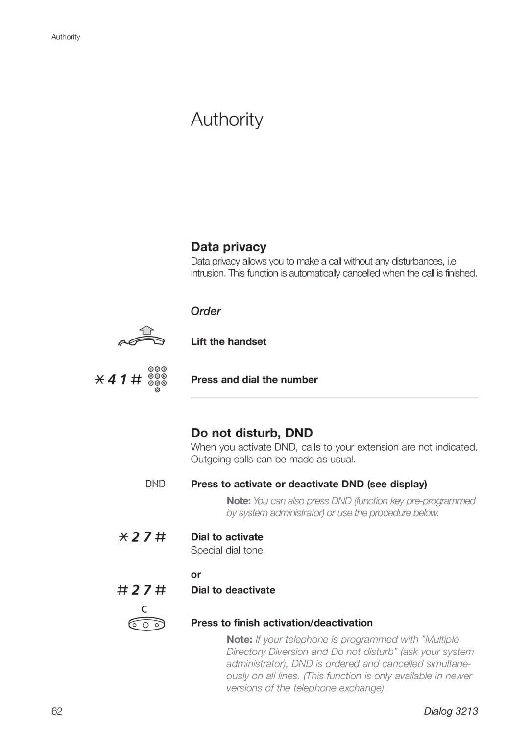 Ericsson 3213 manual Authority, # 2 7 #, Data privacy, Do not disturb, DND 