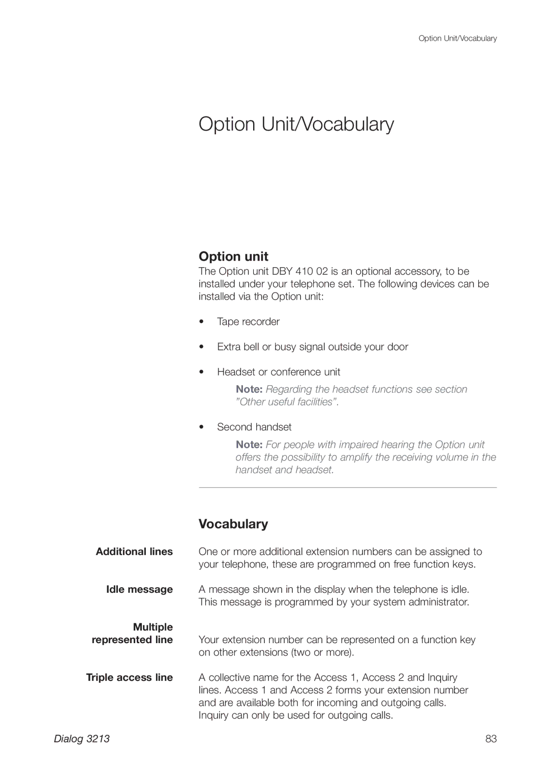 Ericsson 3213 manual Option Unit/Vocabulary, Option unit, Multiple 