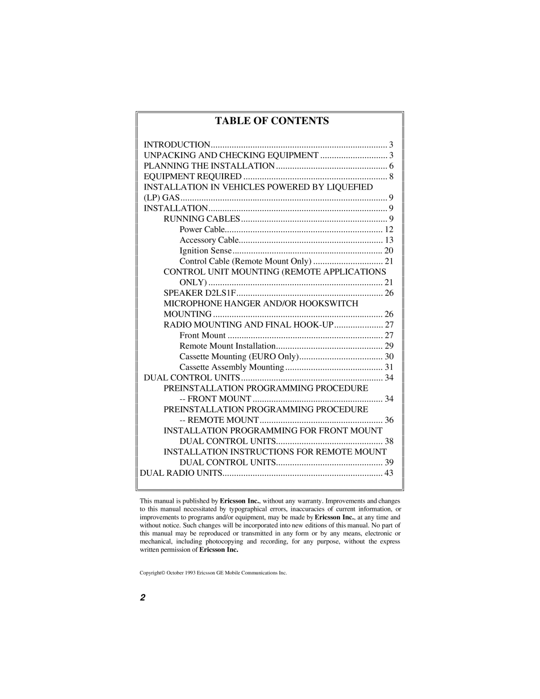 Ericsson 38901E installation manual Table of Contents 