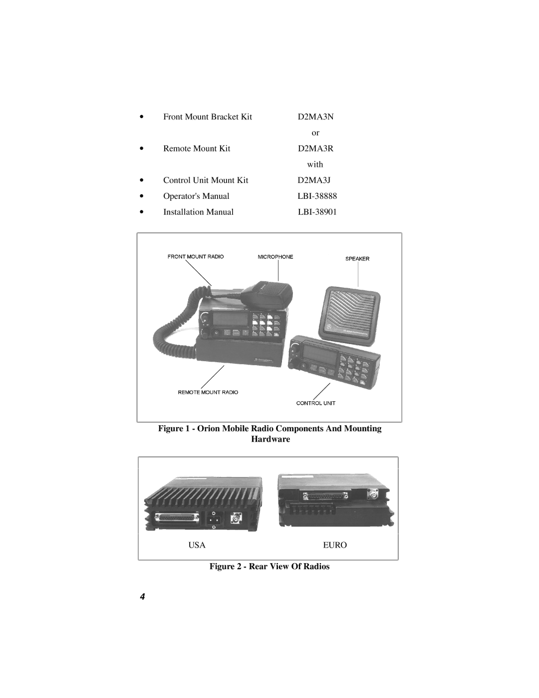 Ericsson 38901E installation manual Orion Mobile Radio Components And Mounting Hardware 