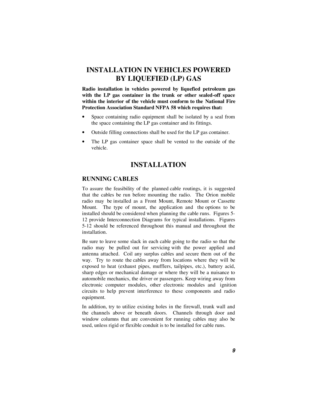 Ericsson 38901E installation manual Installation in Vehicles Powered By Liquefied LP GAS, Running Cables 