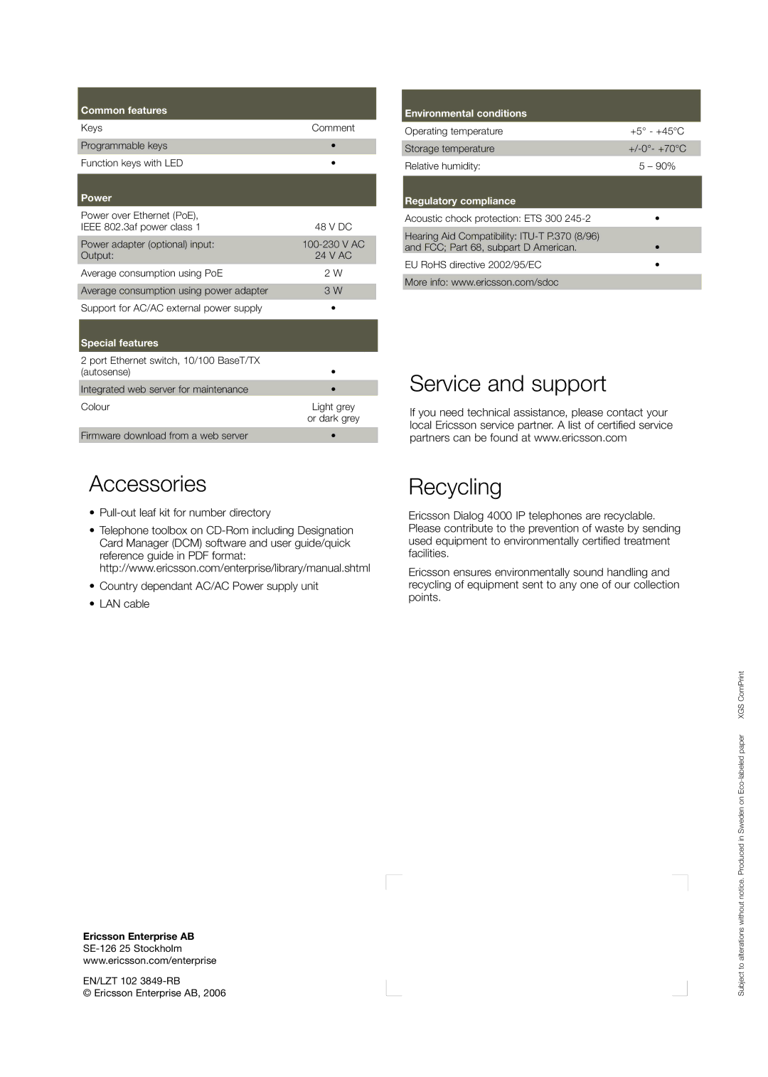 Ericsson 4000 IP manual Service and support Accessories 