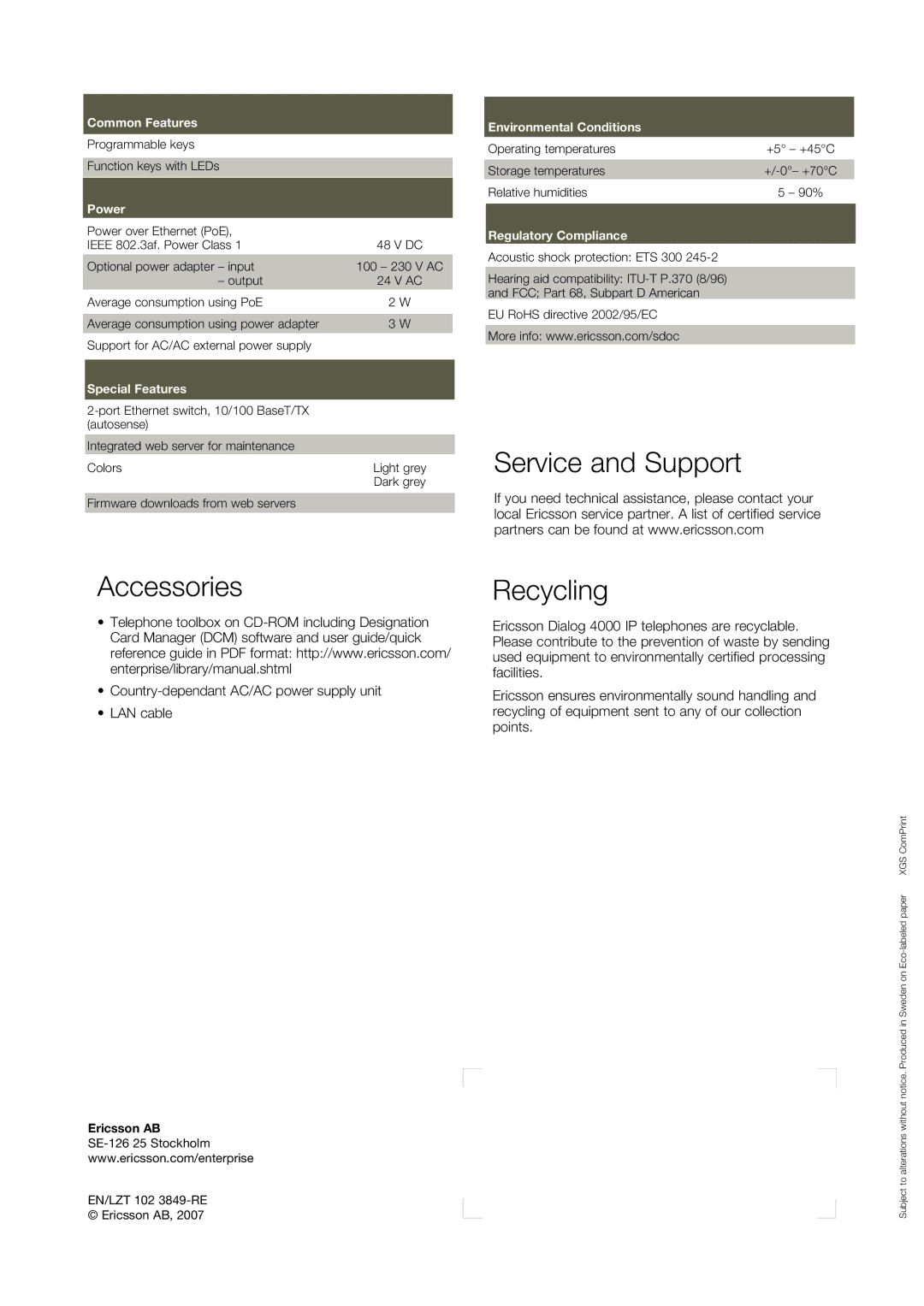 Ericsson 4000 manual Service and Support Accessories 